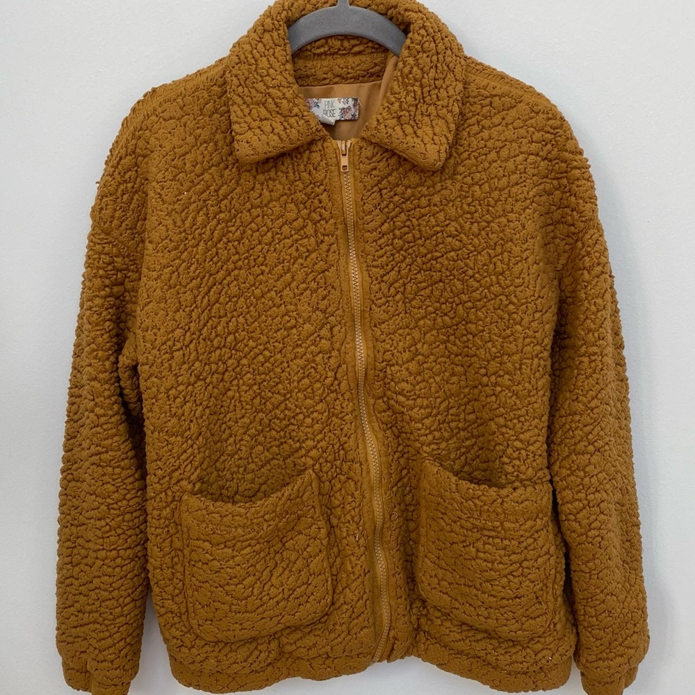 Pink Rose Teddy Jacket Women's Small Cozy Sherpa Zip Up in Warm Caramel Brown
